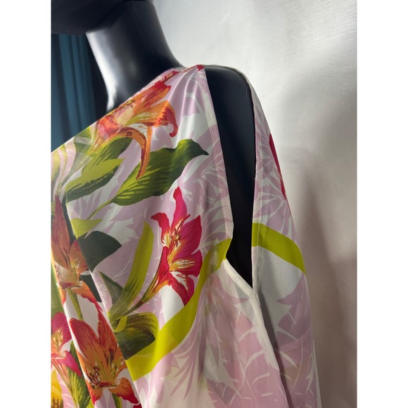 Susan Graver Floral Print V Neck Caftan Top 2X 3XL Pink Orange Green - Picture 5 of 13